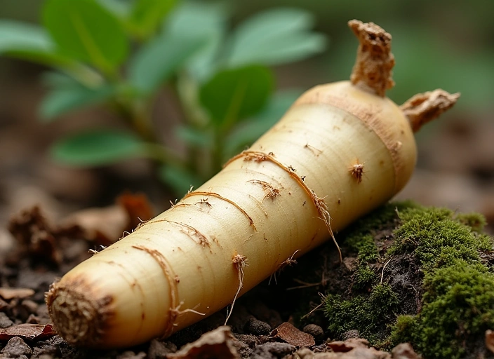 Akar Ginseng Amerika yang berwarna lebih terang, dengan permukaan halus, ditempatkan di tanah hutan dengan lumut dan dedaunan yang membusuk di sekitarnya.